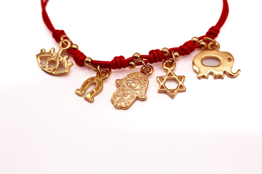 Pulsera Cuero Rojo con 5 Dijes