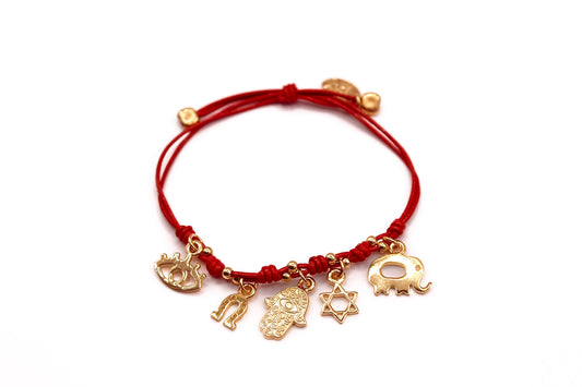 Pulsera Cuero Rojo con 5 Dijes