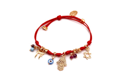 Pulsera Cuero Rojo con Aplicaciones y Mano de Fátima