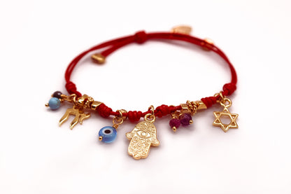 Pulsera Cuero Rojo con Aplicaciones y Mano de Fátima