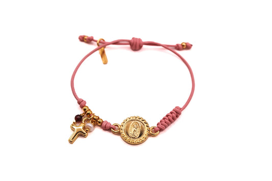 Pulsera Cuero con Virgen y Cruz