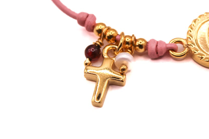 Pulsera Cuero con Virgen y Cruz