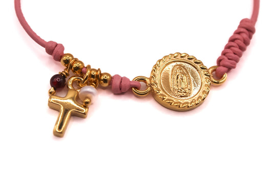 Pulsera Cuero con Virgen y Cruz