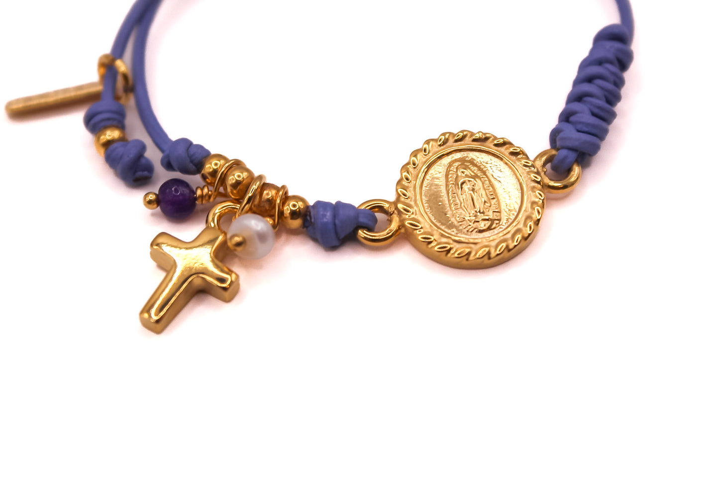 Pulsera Cuero con Virgen y Cruz