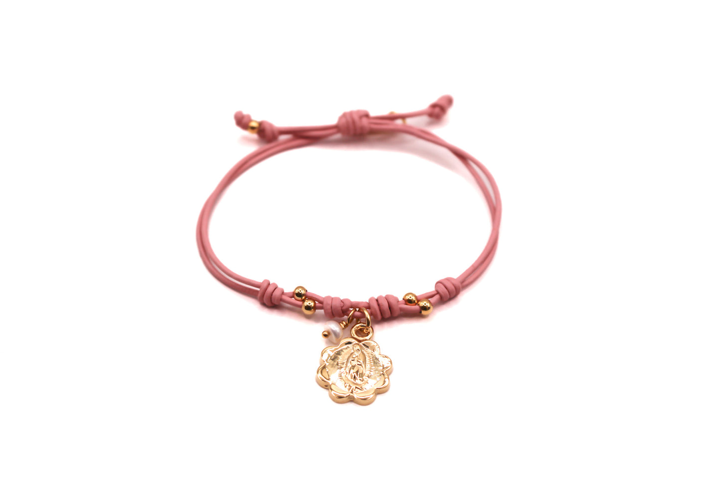 Pulsera Cuero con dije en flor de Virgen de Guadalupe