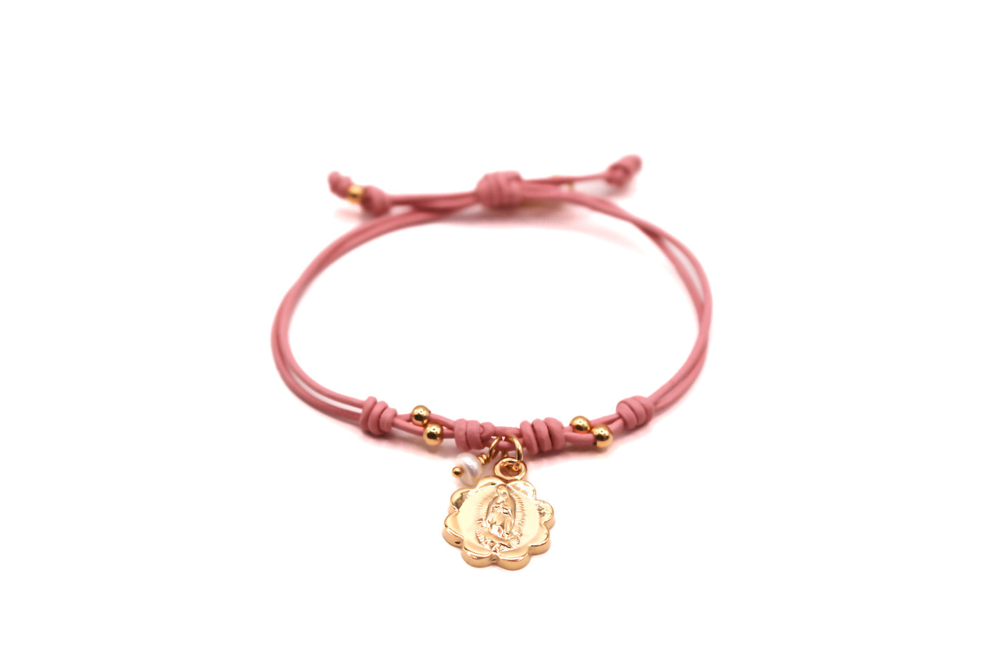Pulsera Cuero con dije en flor de Virgen de Guadalupe