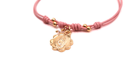 Pulsera Cuero con dije en flor de Virgen de Guadalupe