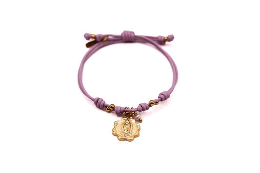 Pulsera Cuero con dije en flor de Virgen de Guadalupe