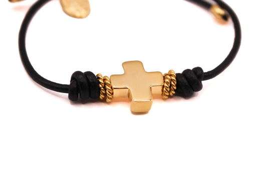 Pulsera Cuero Cruz y Cadena