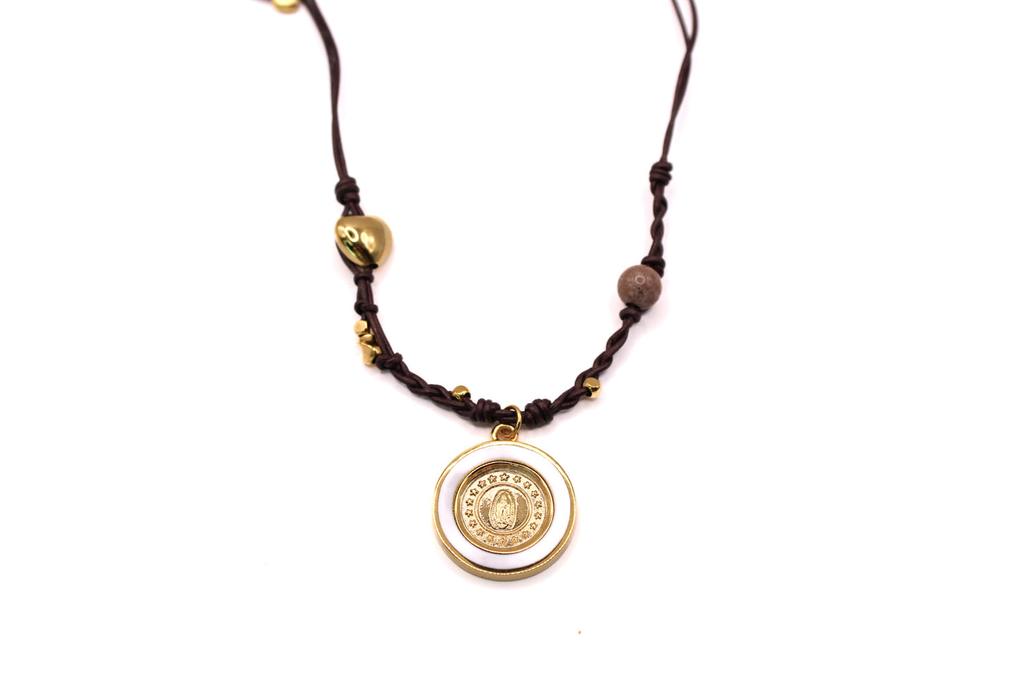 Collar de cuero Virgen de Guadalupe en esmalte blanco