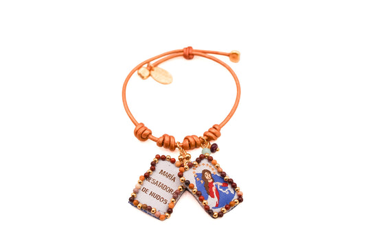 Pulsera Cuero Bronce con Escapulario Virgen Desatanudos