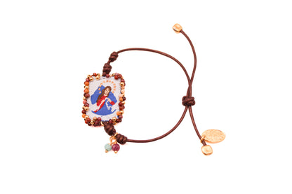 Pulsera Cuero Café con Escapulario Virgen Desatanudos