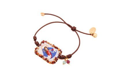 Pulsera Cuero Café con Escapulario Virgen Desatanudos