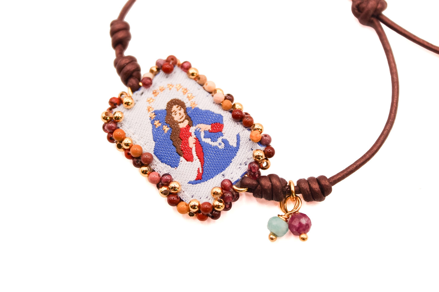 Pulsera Cuero Café con Escapulario Virgen Desatanudos